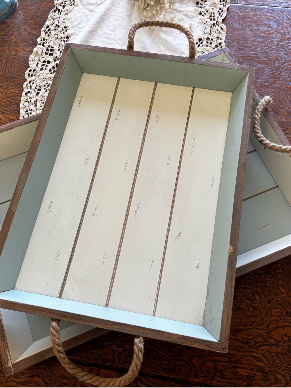 Set of 2 Distressed Cream and Light Blue Rope-Handled Serving Trays